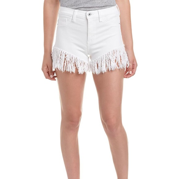 white denim fringe shorts